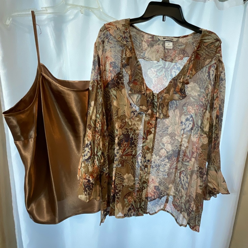 Elegant Floral Blouse and Satin Cami Set